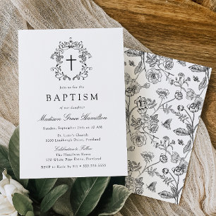 Elegant Black Vintage Floral Cross Baptism Invitation