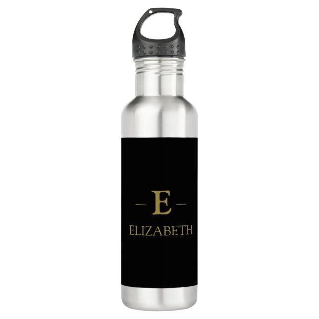 Elegant Black Water Bottle with Gold Monogram (Front)