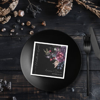 Elegant Black Watercolor Floral Wedding Napkin