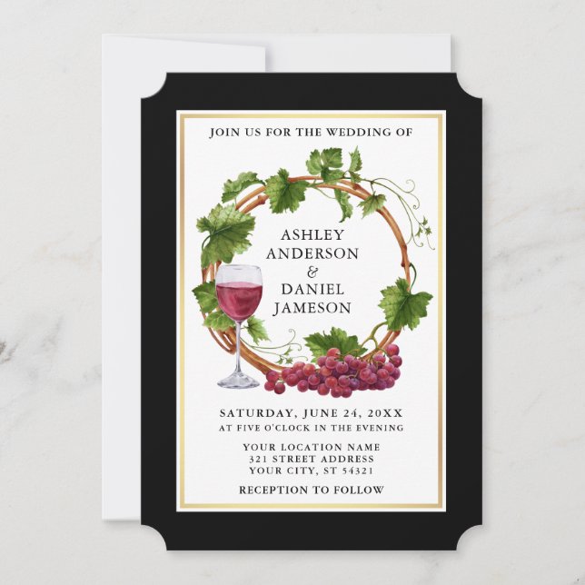 Elegant Black Watercolor Grapes Wreath Wedding Invitation (Front)