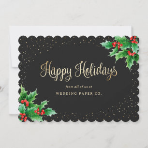 Elegant Black Watercolor Holly Berries Business Holiday Card