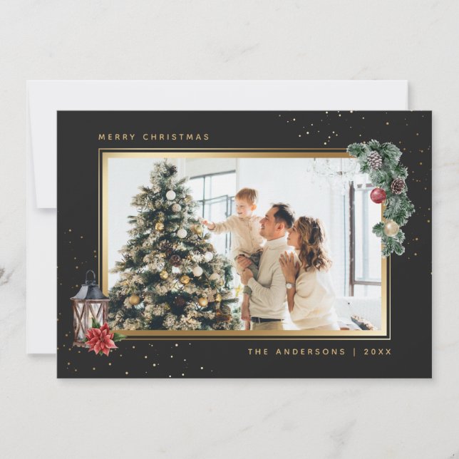 Elegant Black Watercolor Photo Christmas Cards (Front)