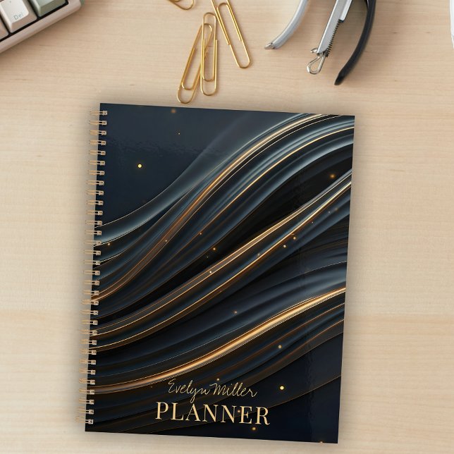 Elegant Black Waves with Golden Accents  Planner (Creator Uploaded)