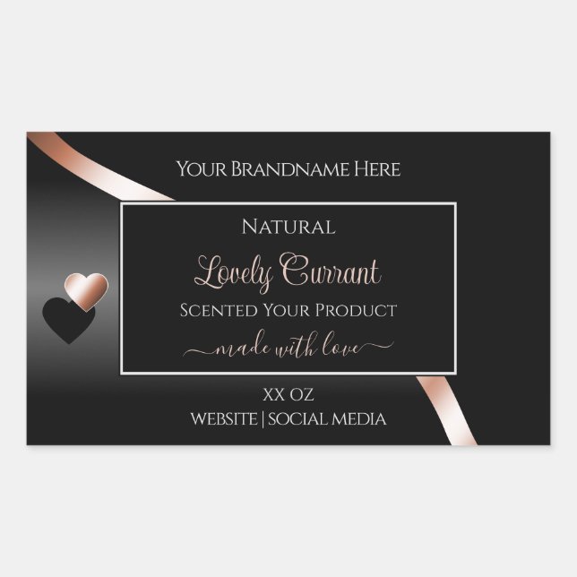 Elegant Black Wavy Rose Gold Hearts Product Labels (Front)