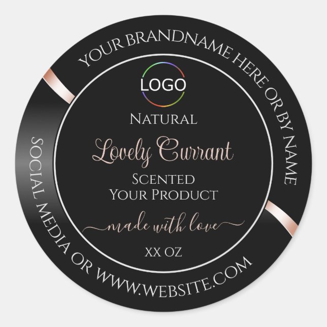 Elegant Black Wavy Rose Gold Logo Product Labels (Front)