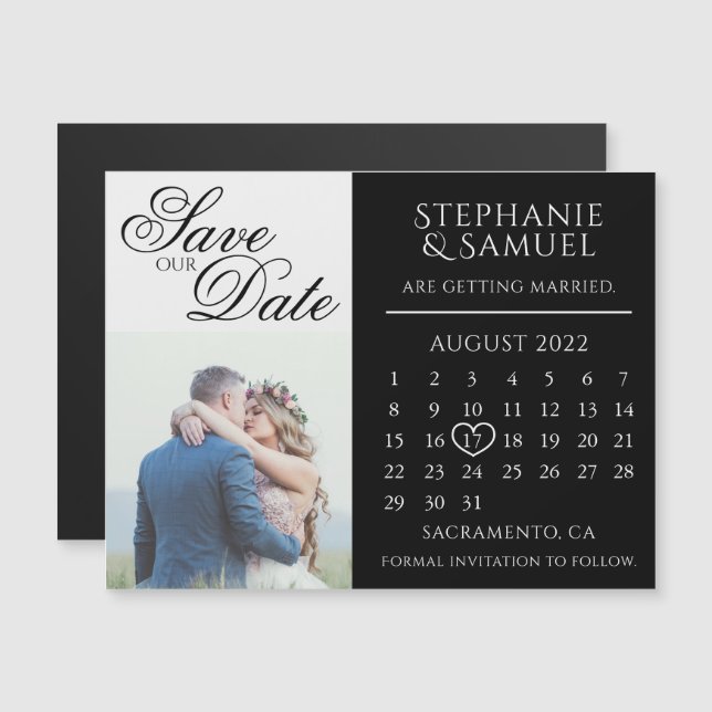 Elegant Black Wedding Calendar Photo Save the Date Magnetic Invitation (Front/Back)