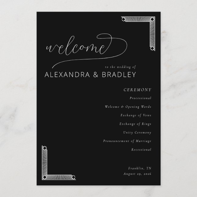 Elegant Black Wedding Ceremony Program (Front)