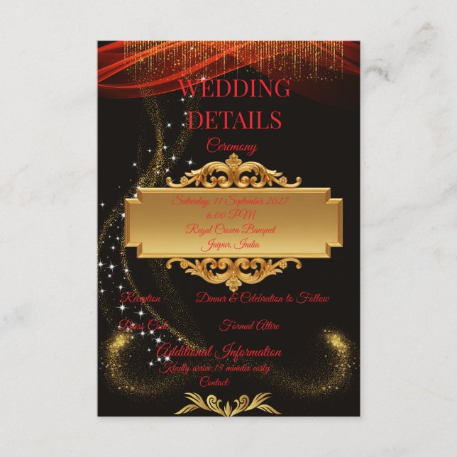 Elegant Black Wedding Details Card GOLD DESIGN (Front)