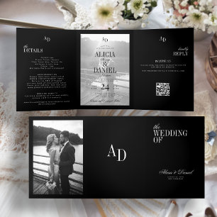 Elegant black wedding photo RSVP QR all in one Tri-Fold Invitation