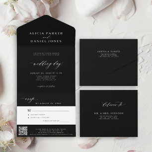Elegant black wedding RSVP QR code All In One Invitation
