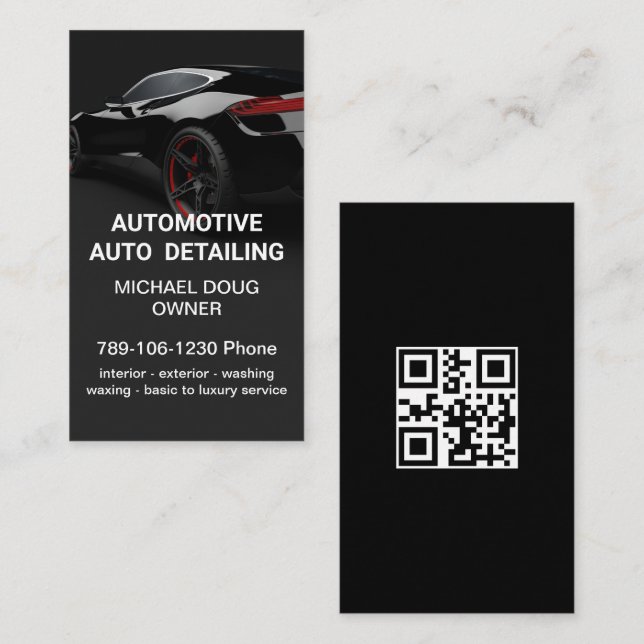 Elegant Black Whit Mobile Auto Car Wash QR Code Business Card (Front/Back)