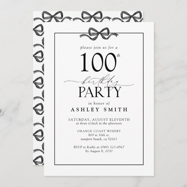 Elegant Black & White 100th Birthday Party Bow Invitation (Front/Back)