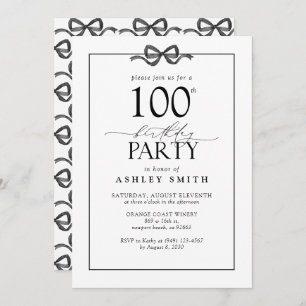 Elegant Black & White 100th Birthday Party Bow Invitation