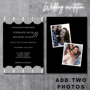 Elegant Black & White 2 Photo Lace Wedding Invitation