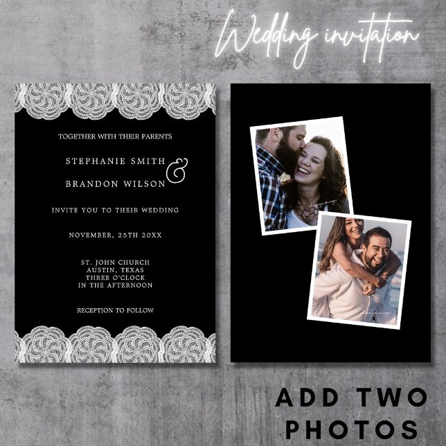 Elegant Black & White 2 Photo Lace Wedding Invitation (Creator Uploaded)