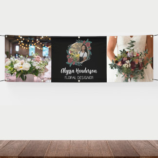 Elegant Black & White 3 Photo Logo Floral Designer Banner