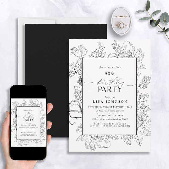 Elegant Black White 50th Birthday Floral Line Art Invitation (Creator Uploaded)