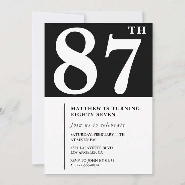 Elegant Black White 87th birthday invitation (Front)