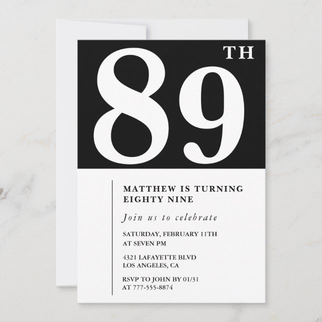 Elegant Black White 89th birthday invitation (Front)