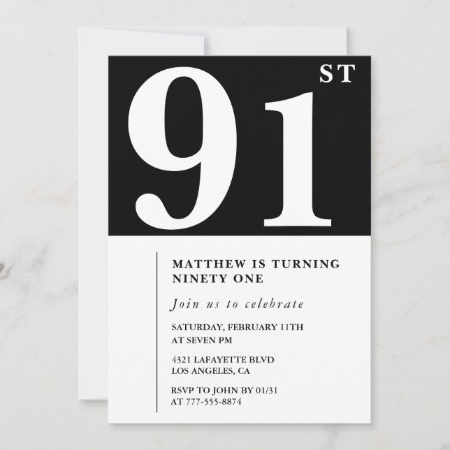 Elegant Black White 91st birthday invitation (Front)