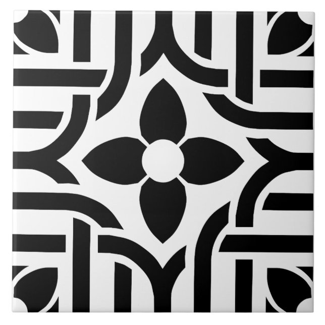 Elegant Black &White Abstract Floral Ceramic Tile (Front)