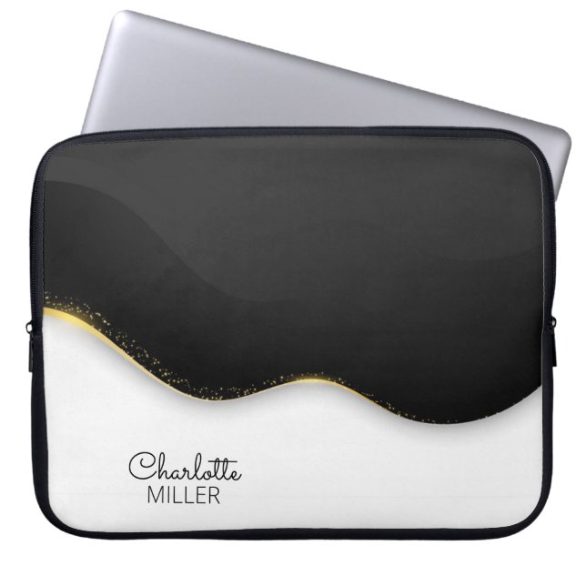 Elegant Black-White Abstract Wave and Custom Name Laptop Sleeve (Front)