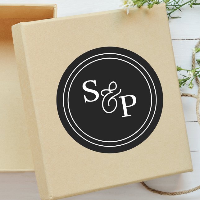 Elegant Black &amp; White Ampersand Monogram Wedding Classic Round Sticker (Creator Uploaded)