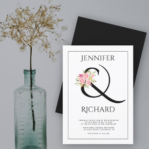 Elegant black white ampersand, pink roses wedding invitation