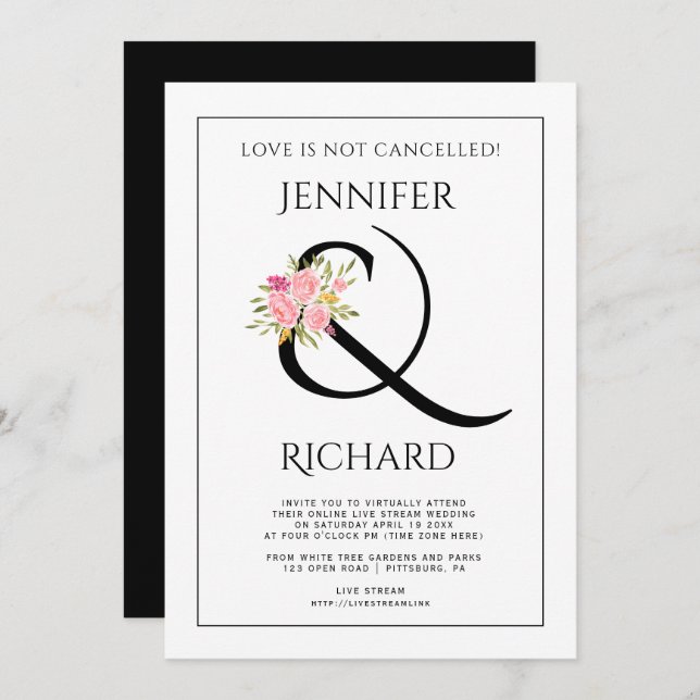 Elegant black white ampersand virtual wedding invitation (Front/Back)