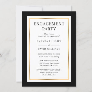 Elegant Black White and Gold Engagement Party Invitation
