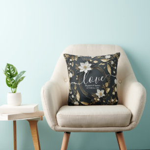 Elegant Black White and Gold Floral Wreath Wedding Cushion
