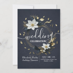 Elegant Black White and Gold Floral Wreath Wedding Invitation