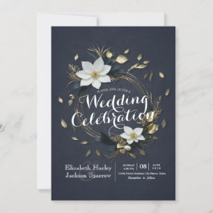 Elegant Black White and Gold Floral Wreath Wedding Invitation