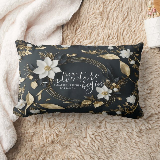 Elegant Black White and Gold Floral Wreath Wedding Lumbar Cushion (Blanket)