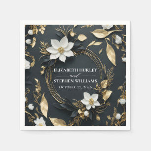 Elegant Black White and Gold Floral Wreath Wedding Napkin