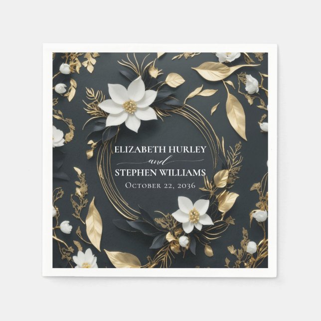 Elegant Black White and Gold Floral Wreath Wedding Napkin (Front)