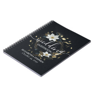 Elegant Black White and Gold Floral Wreath Wedding Notebook
