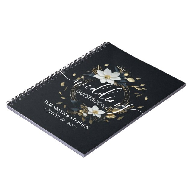 Elegant Black White and Gold Floral Wreath Wedding Notebook (Left Side)