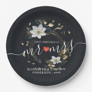 Elegant Black White and Gold Floral Wreath Wedding Paper Plate