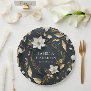 Elegant Black White and Gold Floral Wreath Wedding Paper Plate