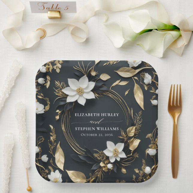 Elegant Black White and Gold Floral Wreath Wedding Paper Plate (Wedding)