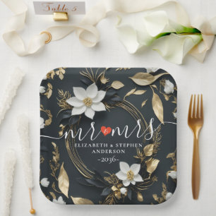 Elegant Black White and Gold Floral Wreath Wedding Paper Plate
