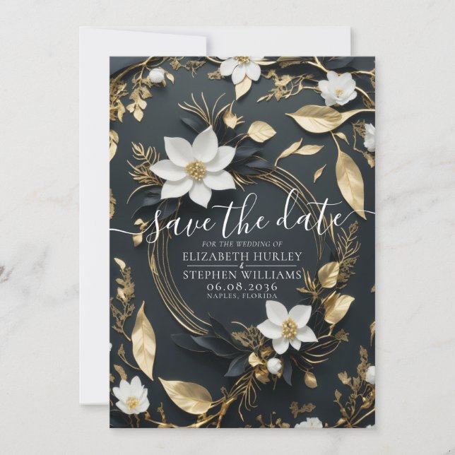 Elegant Black White and Gold Floral Wreath Wedding Save The Date (Front)
