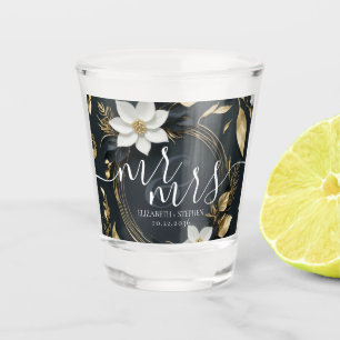 Elegant Black White and Gold Floral Wreath Wedding Shot Glass