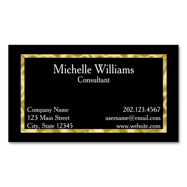 Elegant Black White and Gold Magnetic Business Card (Front)