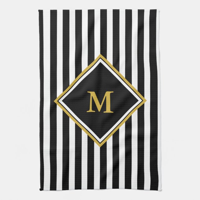 Elegant Black White and Gold Monogram Striped Tea Towel (Vertical)