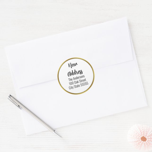 Elegant Black White and Gold Moving Announcement Classic Round Sticker (Envelope)