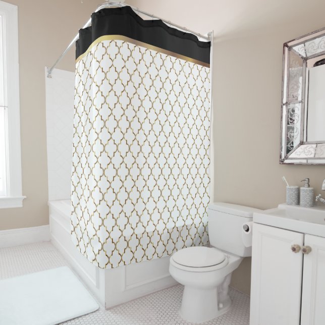 Elegant Black, White and Gold Quatrefoil Patterns Shower Curtain (In Situ)