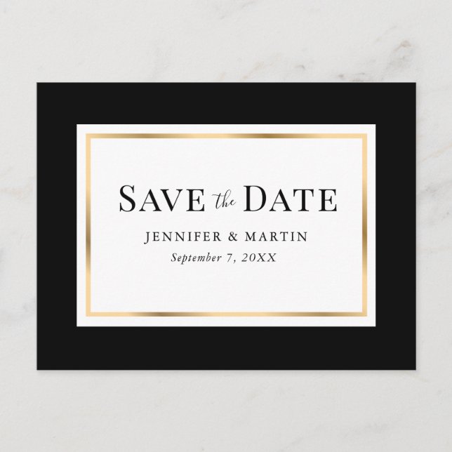 Elegant Black White and Gold Wedding Save The Date Announcement Postcard (Front)