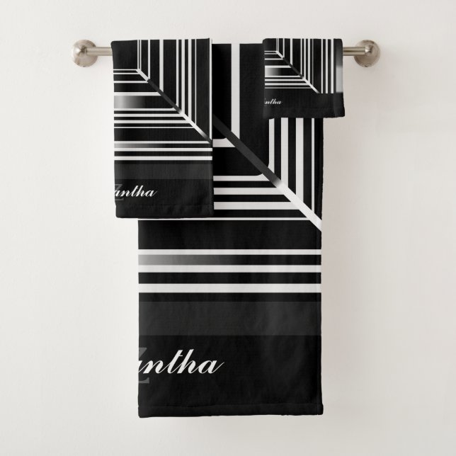 Elegant Black White And Silver Geometric Squares Bath Towel Set (Insitu)